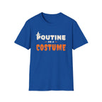 Blue t-shirt with "Poutine on a Costume" graphic in white and orange.