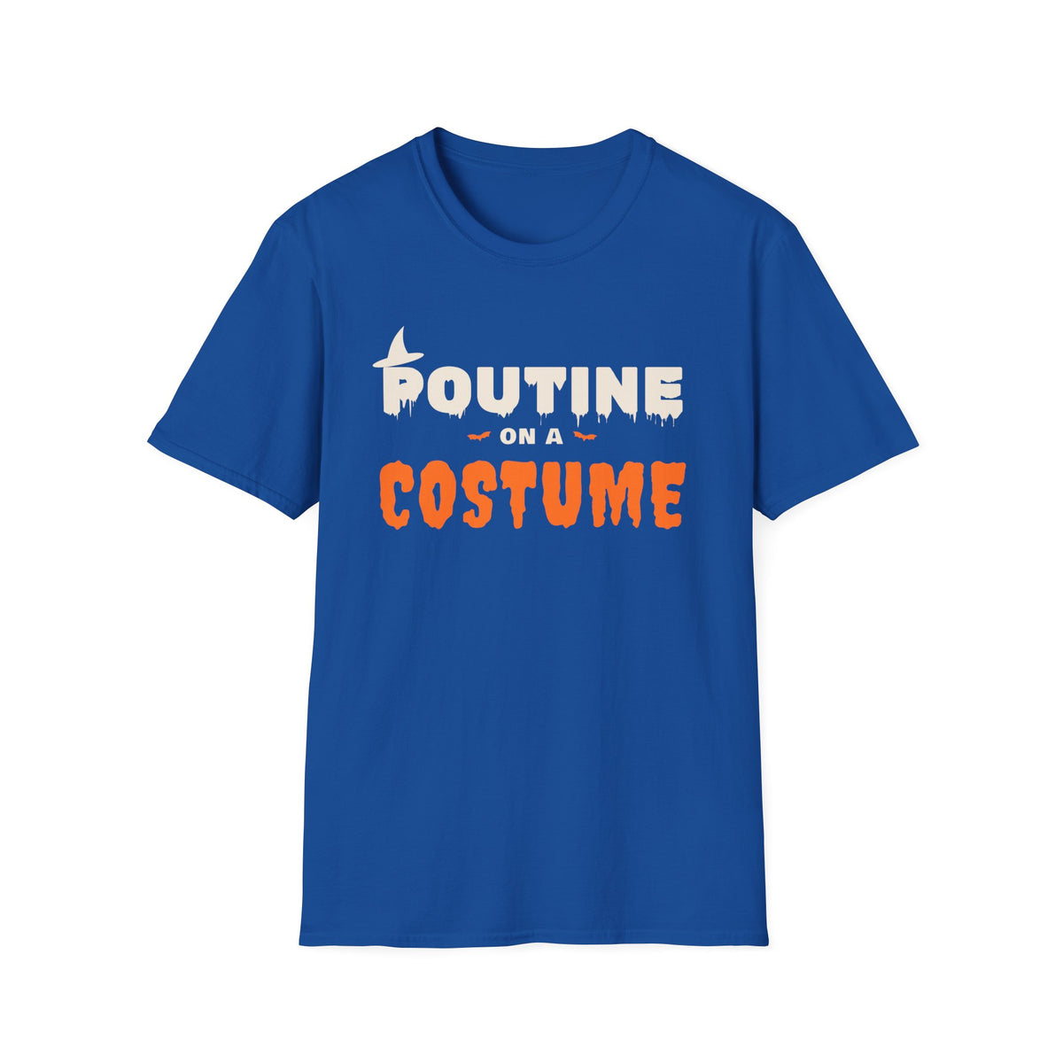 Blue t-shirt with "Poutine on a Costume" graphic in white and orange.