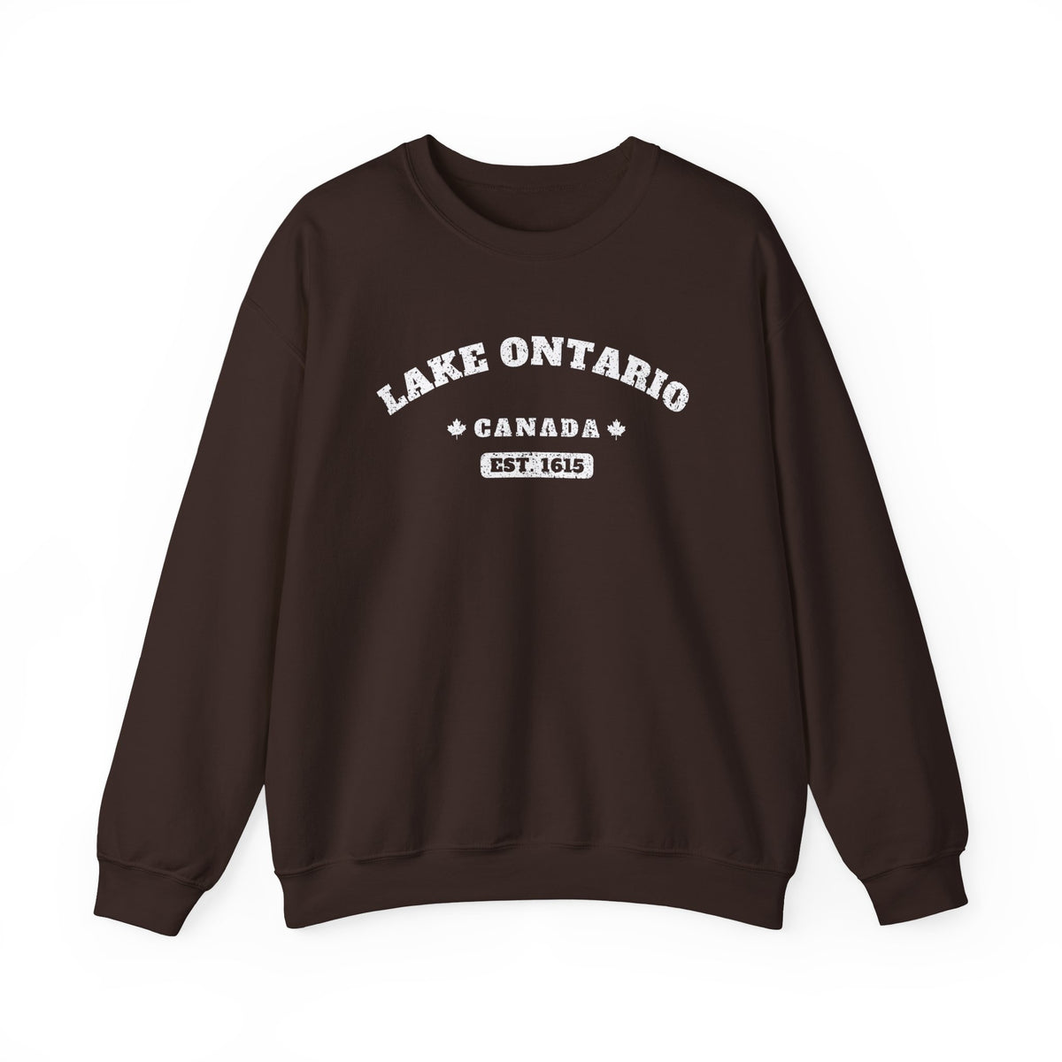 Brown sweatshirt with white text "Lake Ontario Canada Est. 1615"