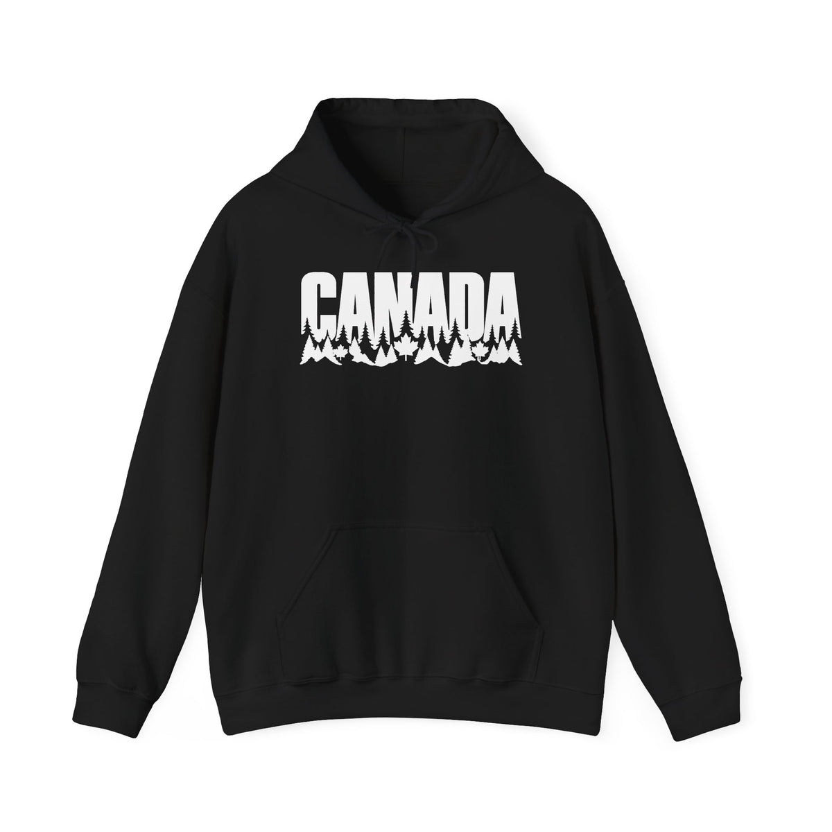 Black hoodie with white text "CANADA" over a landscape of trees and mountains.