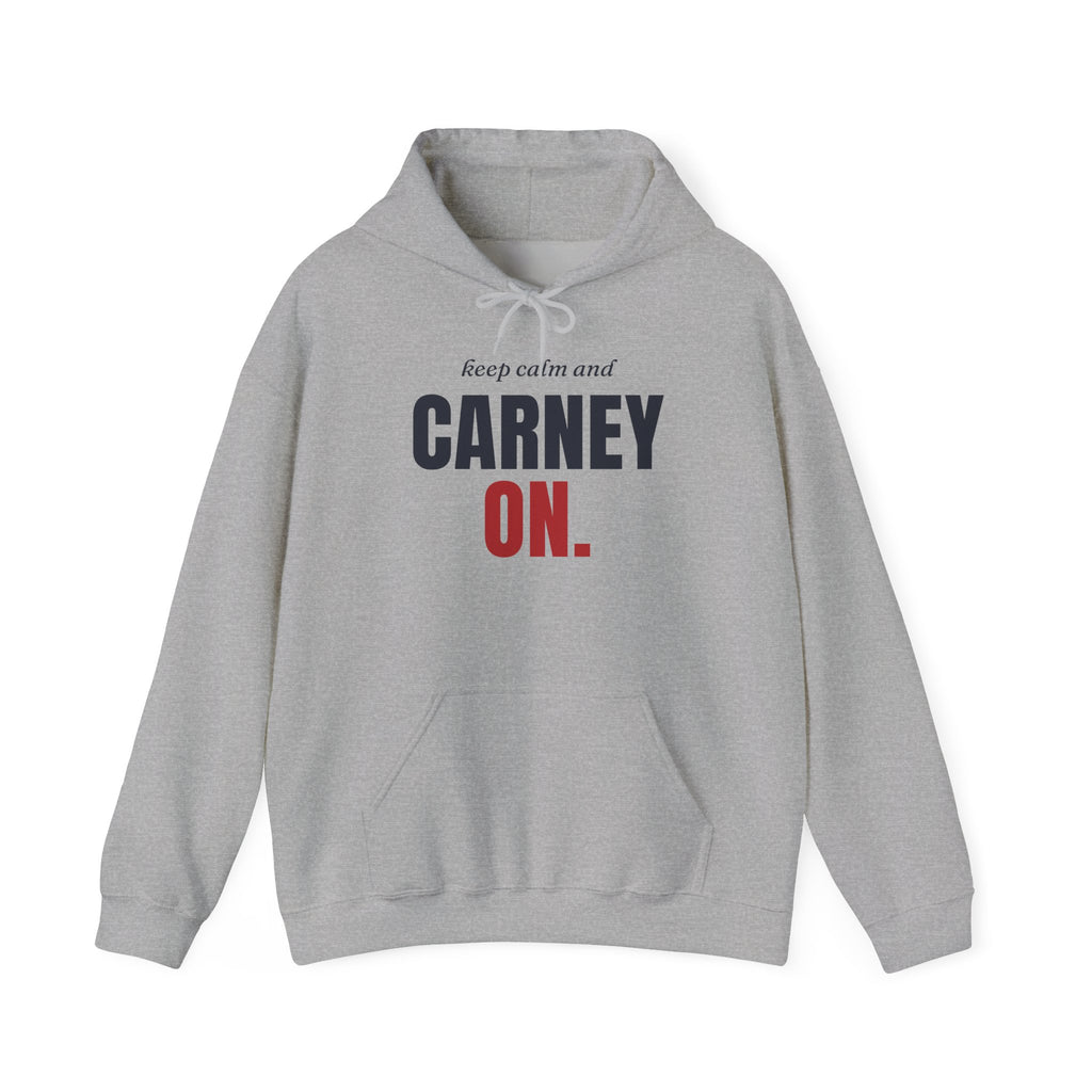 Grey hoodie with "keep calm and CARNEY ON." text across the chest.