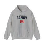 Grey hoodie with "keep calm and CARNEY ON." text across the chest.