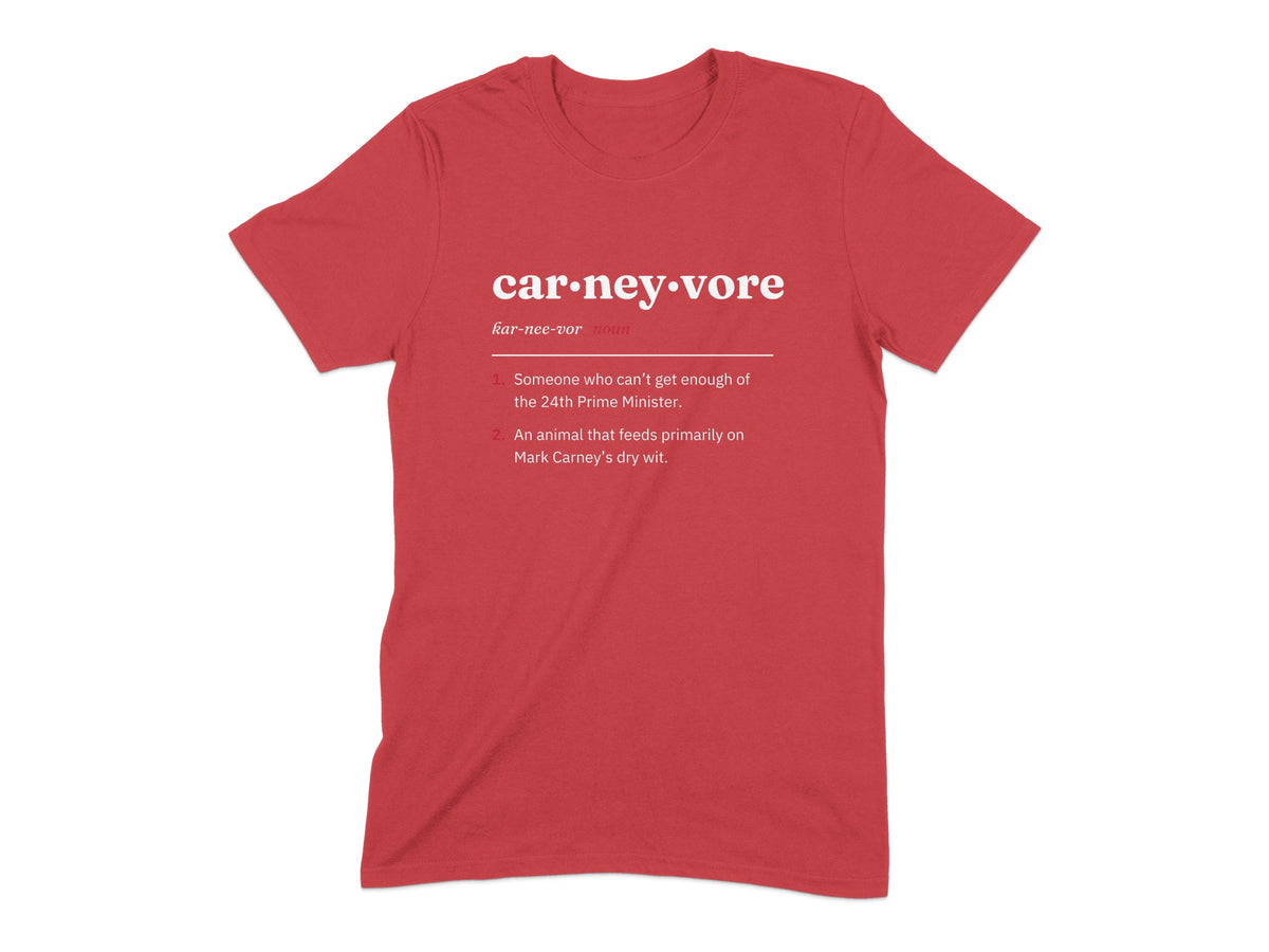 Red t-shirt with "car•ney•vore" definition printed in white text.