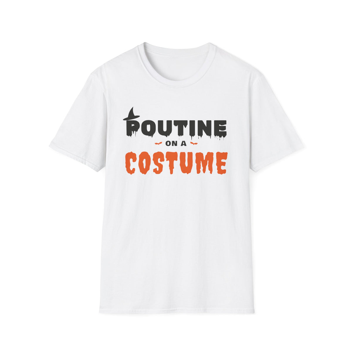 White t-shirt with black and orange text reading "POUTINE ON A COSTUME".