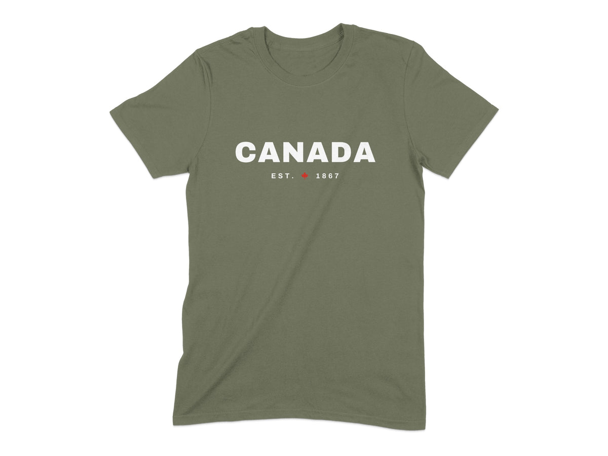 Olive green t-shirt with "CANADA EST. 1867" and red maple leaf graphic.