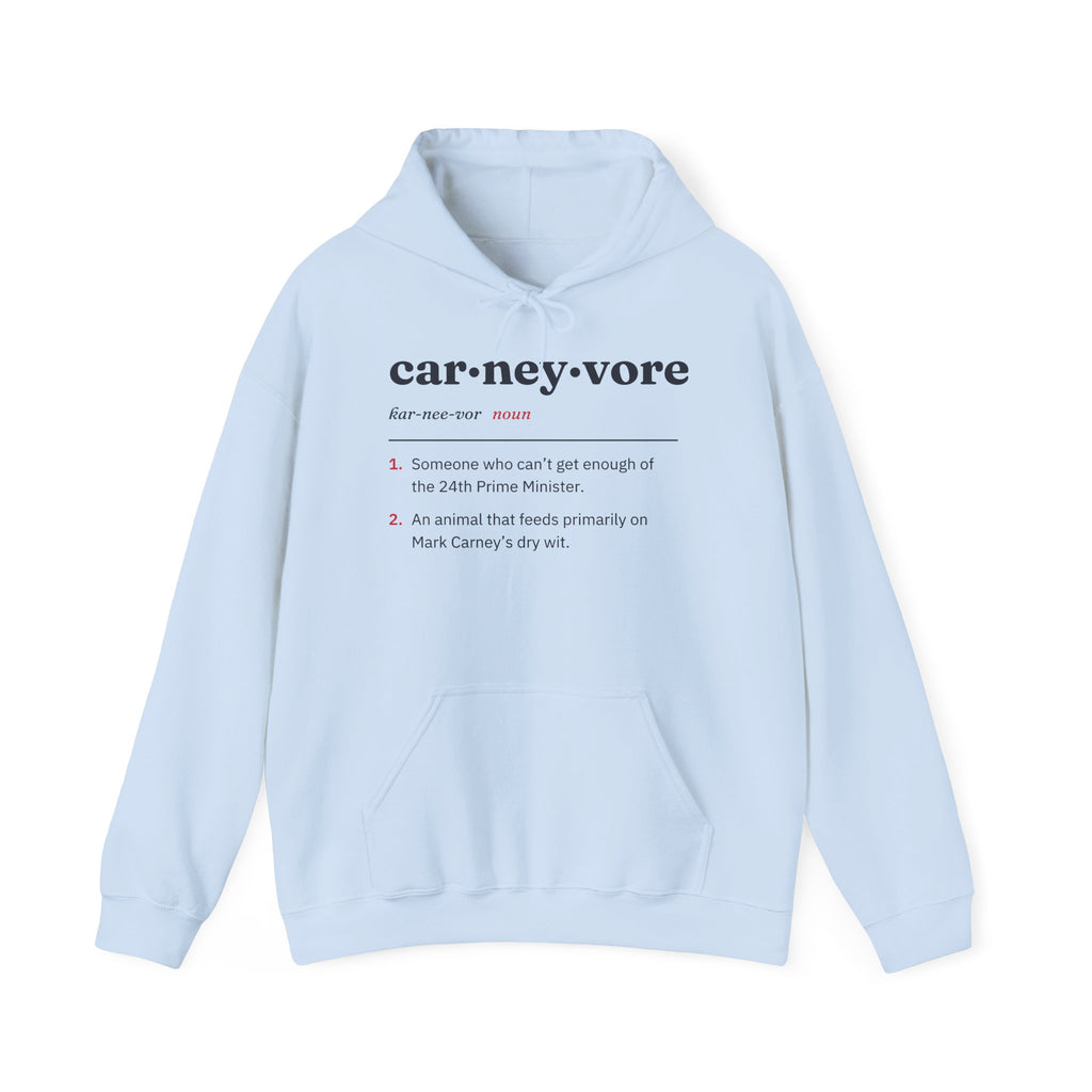 Light blue hoodie with "carneyvore" definition printed on the front.