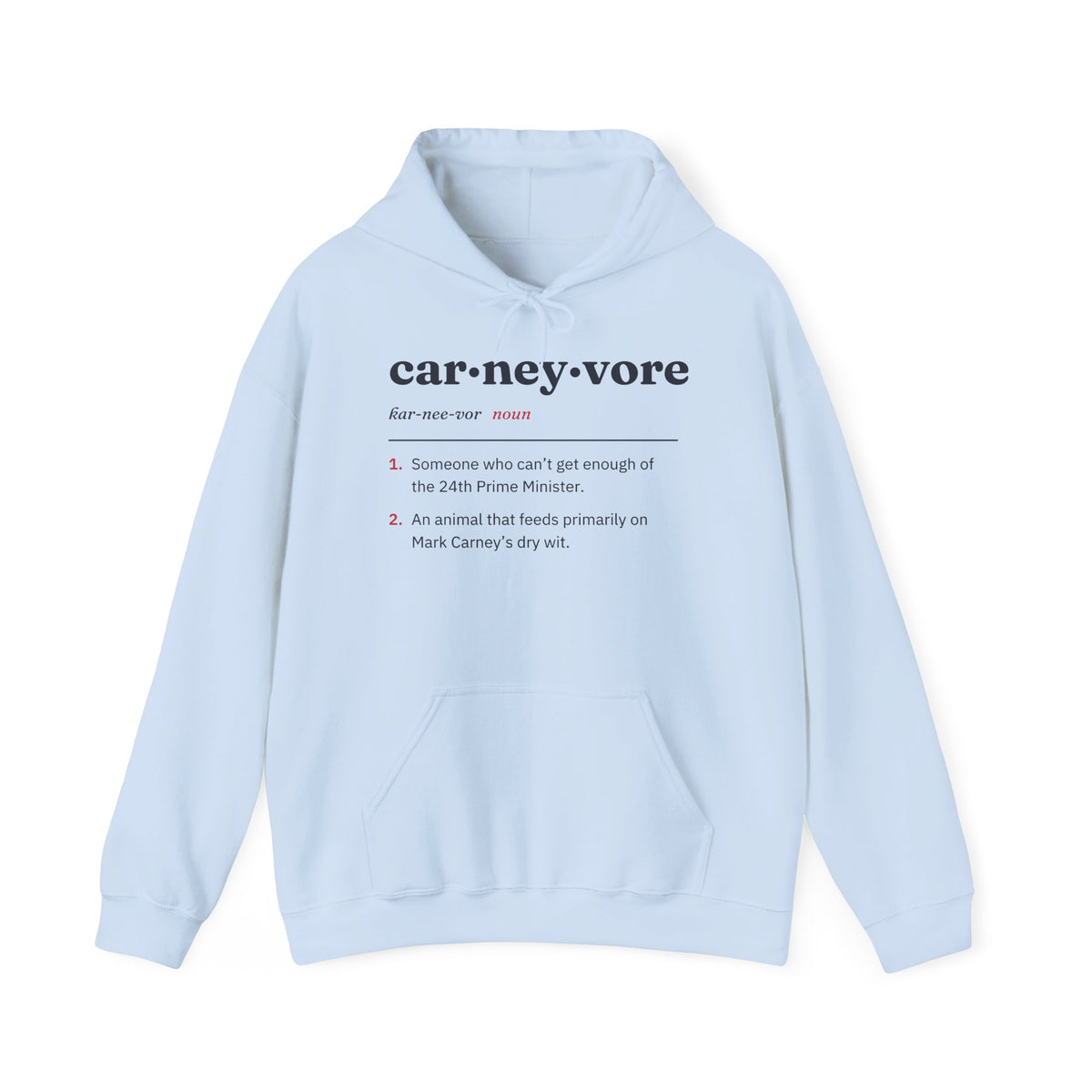Light blue hoodie with "carneyvore" definition printed on the front.