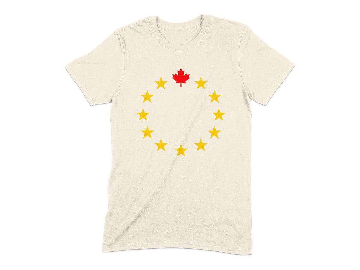 Cream t-shirt with a ring of yellow stars and a red maple leaf.