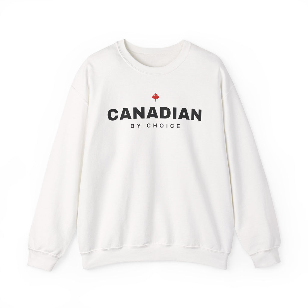 White sweatshirt with "CANADIAN BY CHOICE" and a red maple leaf graphic.
