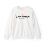 White sweatshirt with "CANADIAN BY CHOICE" and a red maple leaf graphic.