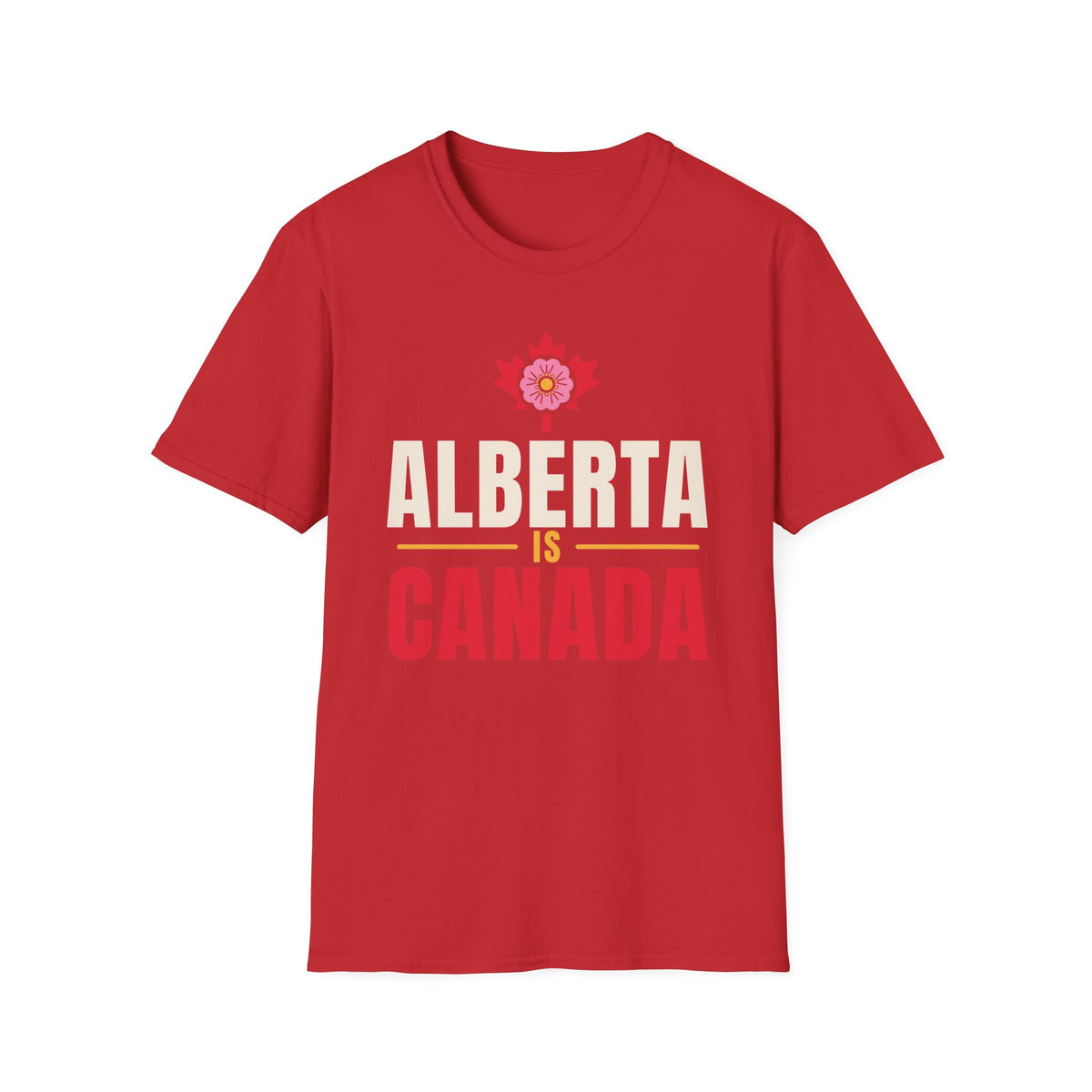 Red t-shirt with "Alberta is Canada" text and a pink flower graphic.