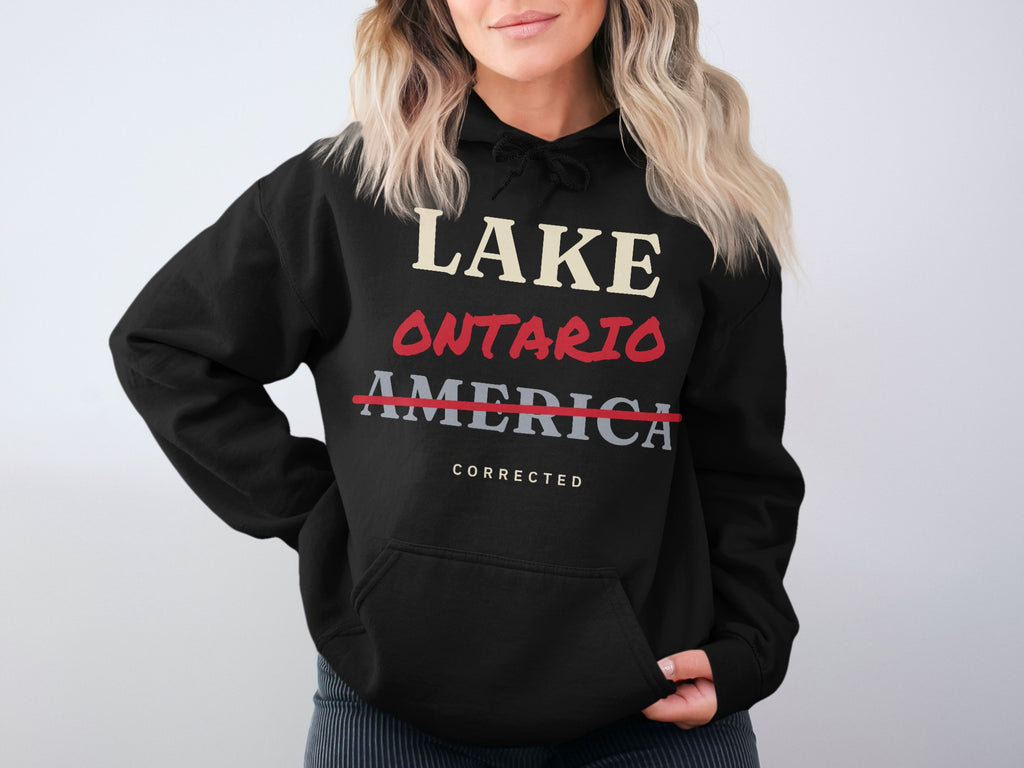 Black hoodie with text "LAKE ONTARIO AMERICA CORRECTED"