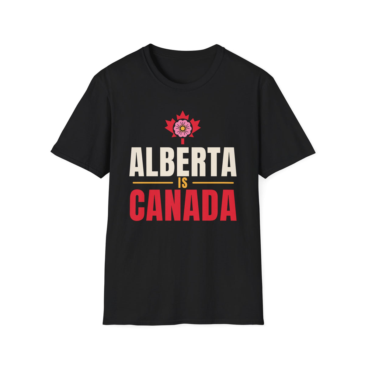 Black t-shirt with Alberta is Canada text and floral maple leaf emblem.