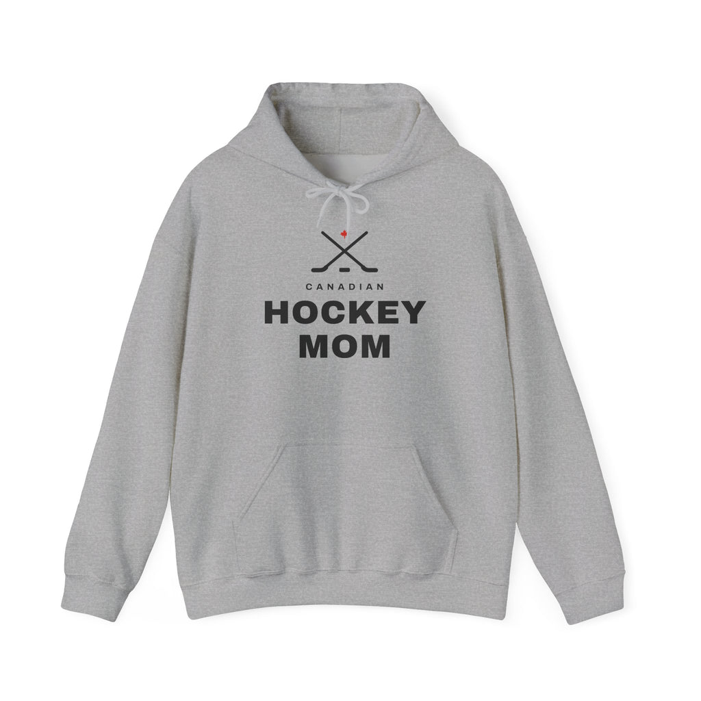 Gray hoodie with "Canadian Hockey Mom" text and hockey sticks graphic.