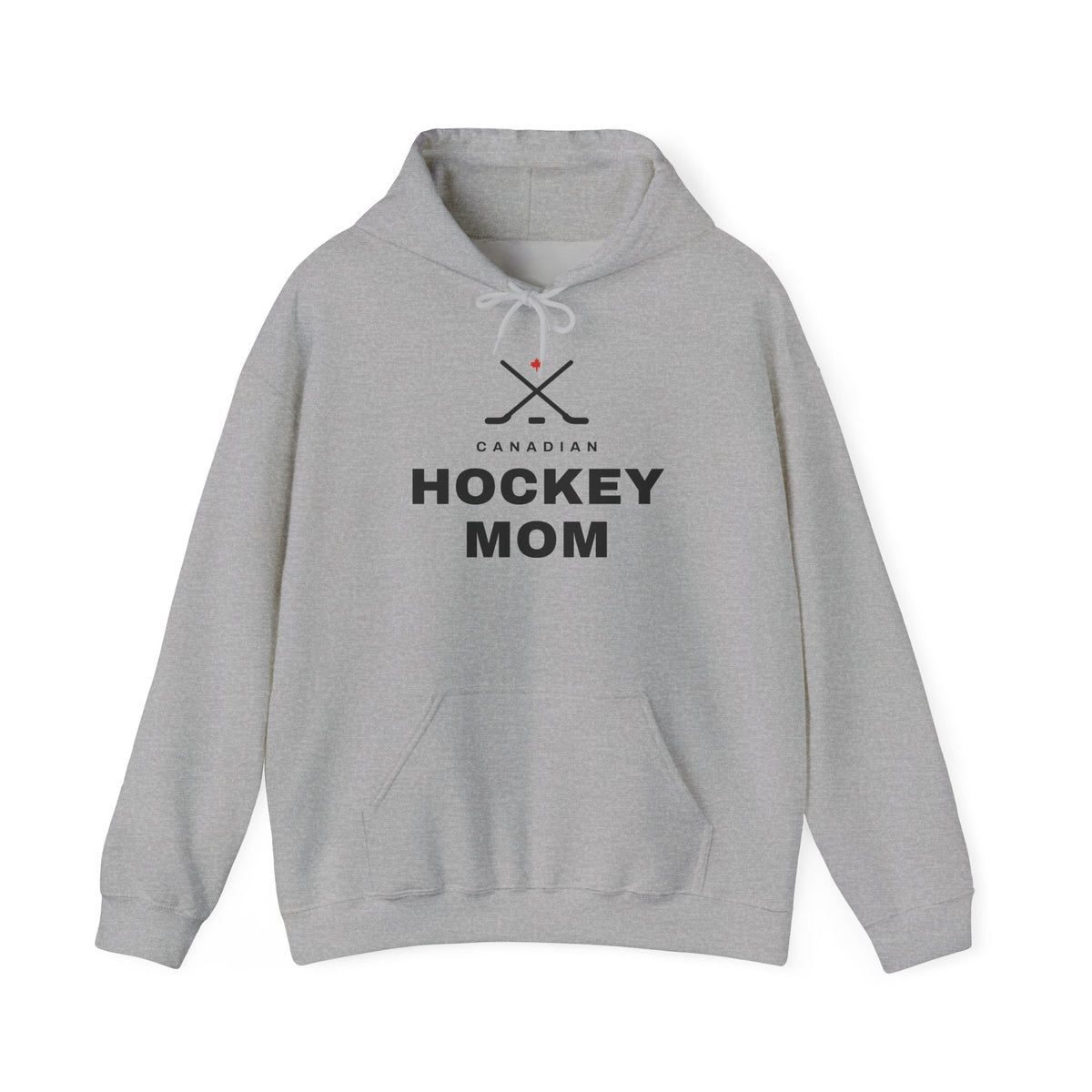 Gray hoodie with "Canadian Hockey Mom" text and hockey sticks graphic.