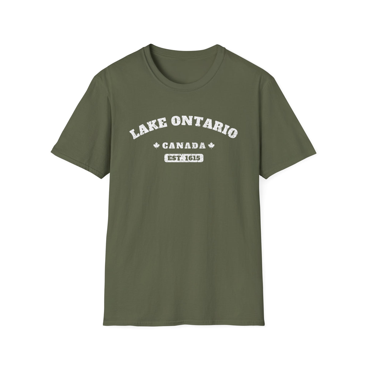 Olive t-shirt with "Lake Ontario Canada Est. 1615" text and maple leaves.