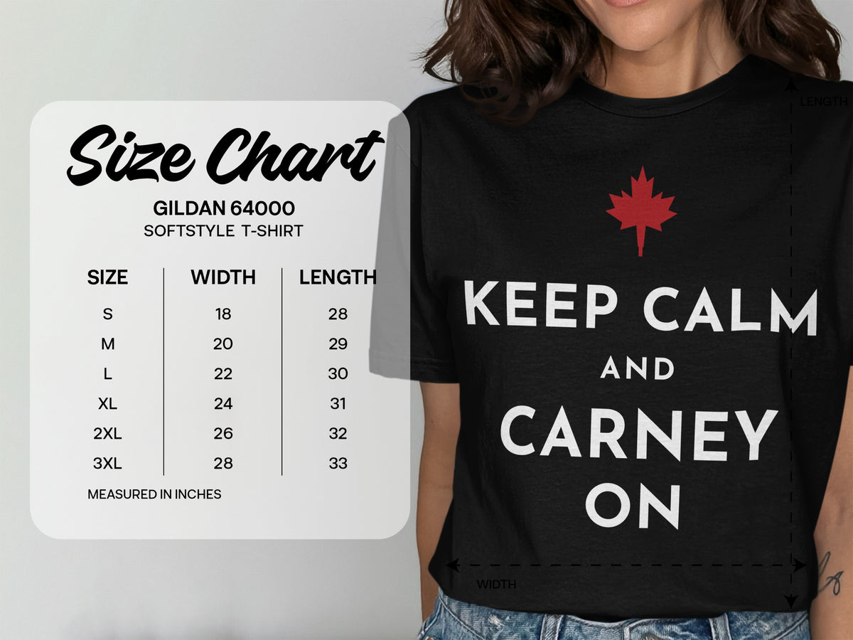 Gildan 64000 Softstyle T-shirt size chart with "Keep Calm and Carney On" graphic.