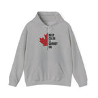 Grey hoodie with a red maple leaf and "KEEP CALM AND CARNEY ON" text.