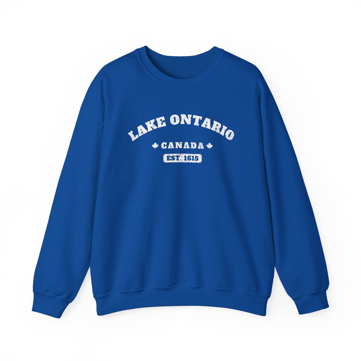 Royal blue crewneck sweatshirt with distressed white text reading "Lake Ontario", "Canada", and "Est. 1615".