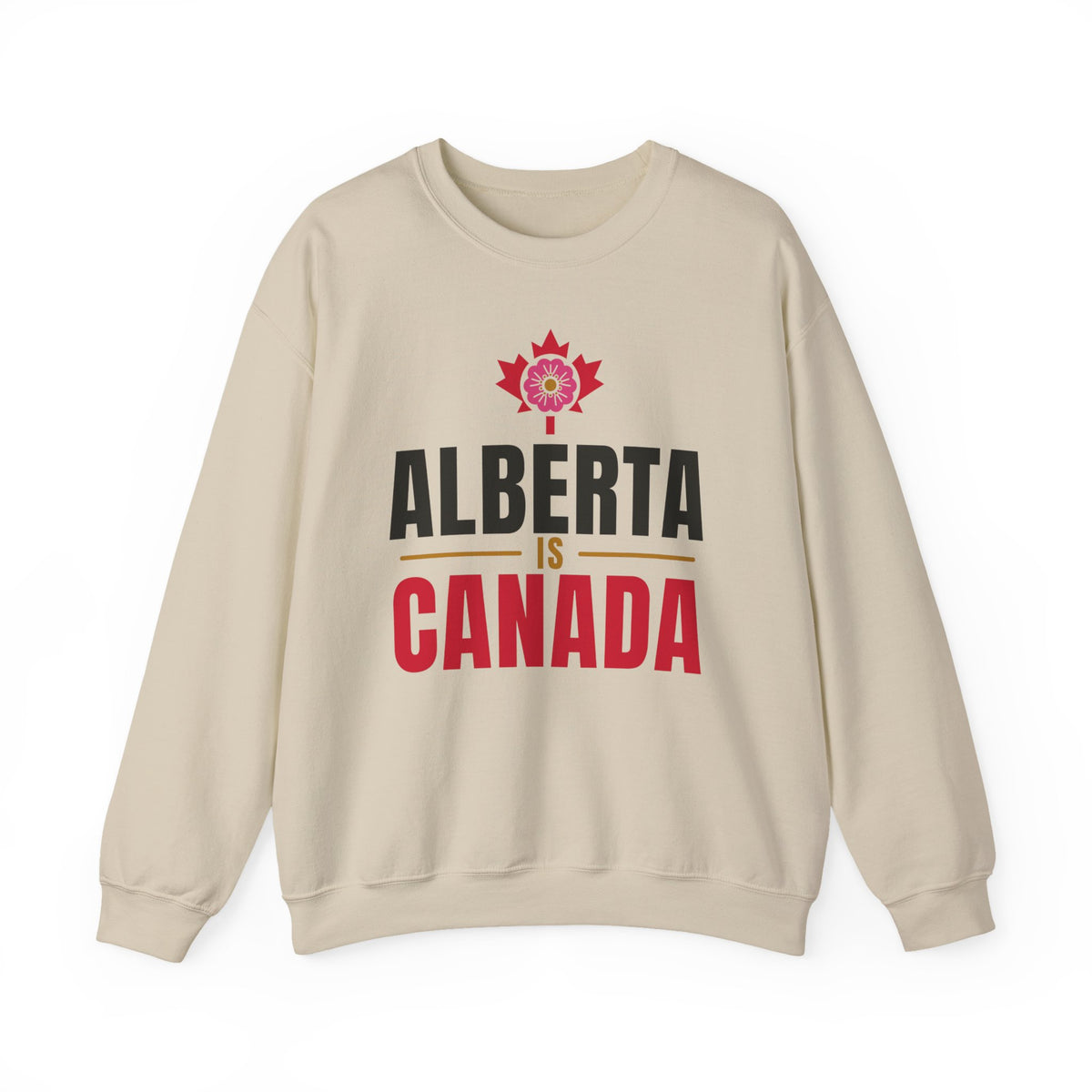 Cream sweatshirt with "Alberta is Canada" text and maple leaf graphic.