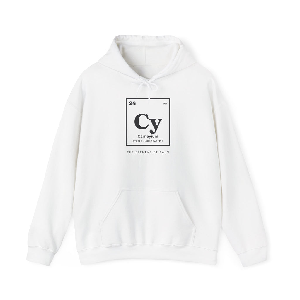 White hoodie with "Cy Carneyium" periodic table graphic and "The Element of Calm" text.