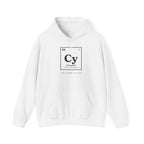 White hoodie with "Cy Carneyium" periodic table graphic and "The Element of Calm" text.