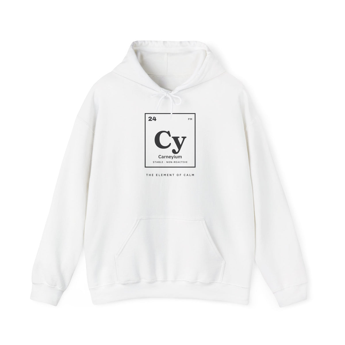 White hoodie with "Cy Carneyium" periodic table graphic and "The Element of Calm" text.