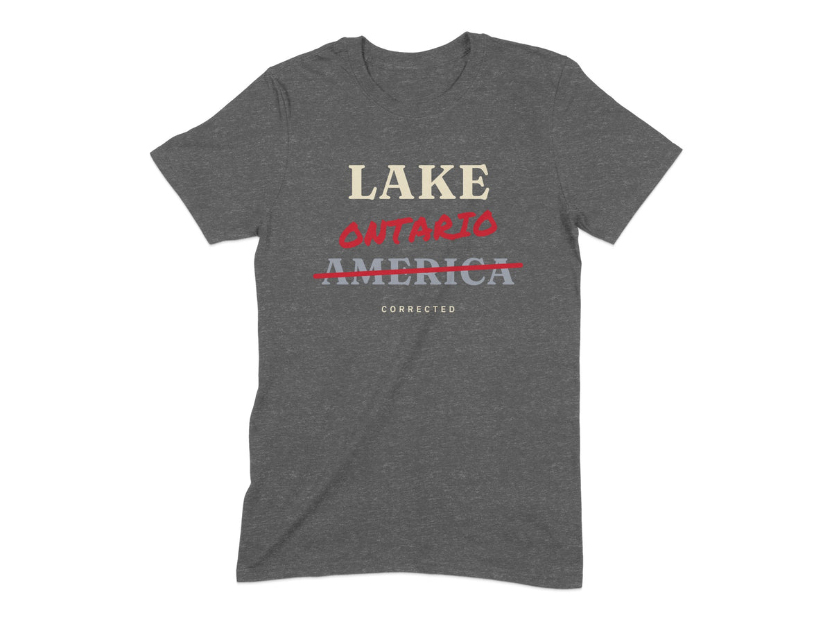 Dark grey t-shirt with "LAKE ONTARIO AMERICA CORRECTED" text.