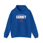 Royal blue hoodie with white text "keep calm and CARNEY" and red text "ON."