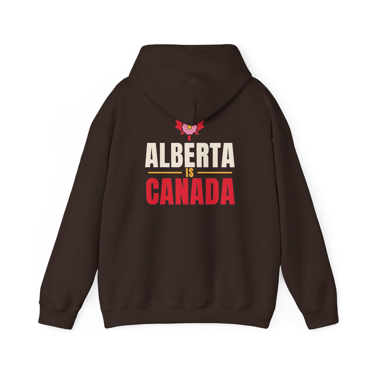 Brown hoodie with "Alberta is Canada" text and a pink rose emblem.