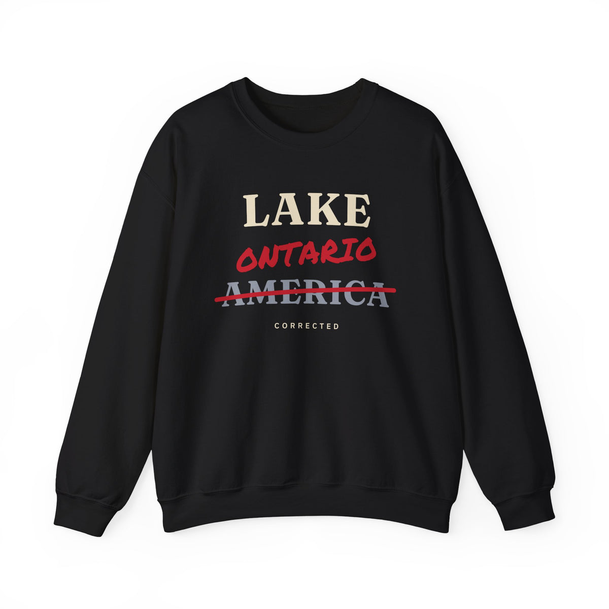 Black sweatshirt with "Lake Ontario America Corrected" text and a red line through America.