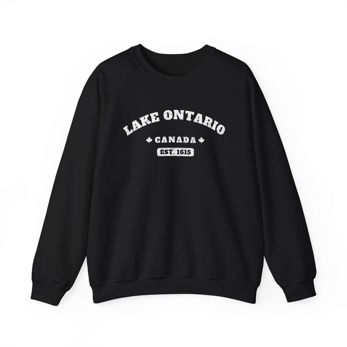 Black sweatshirt with distressed text: Lake Ontario Canada Est. 1615.