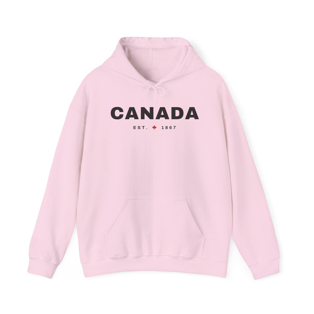 Pink hoodie with "CANADA EST. 1867" text and a maple leaf logo.