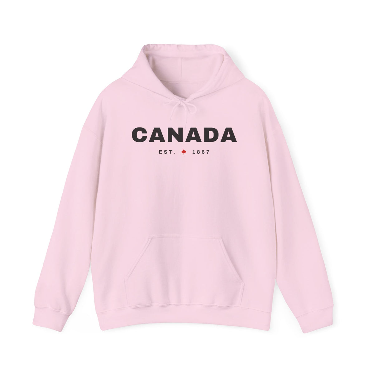 Pink hoodie with "CANADA EST. 1867" text and a maple leaf logo.