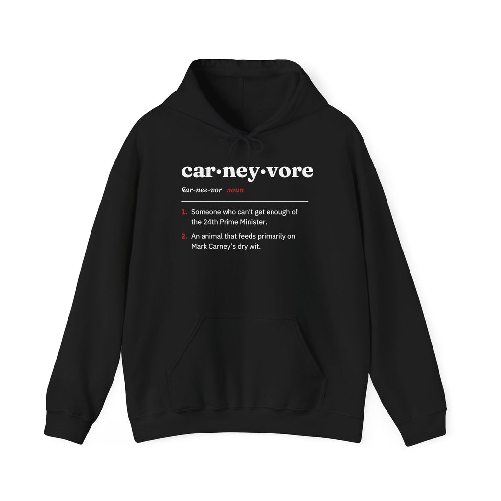 Black hoodie with "carneyvore" definition and pronunciation printed on chest.
