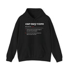Black hoodie with "carneyvore" definition and pronunciation printed on chest.