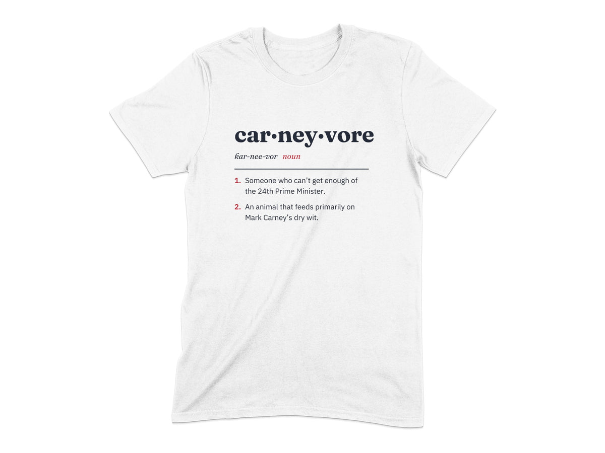 White t-shirt with definition of "carneyvore" and two numbered meanings.