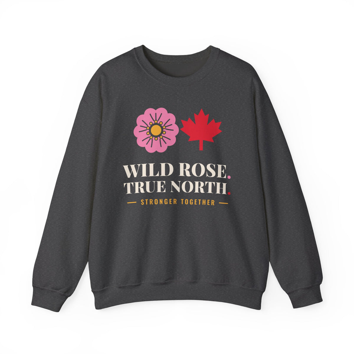 Dark gray sweatshirt with pink wild rose, red maple leaf, and text.