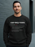 Black sweatshirt with definition of "carneyvore" and two numbered explanations.