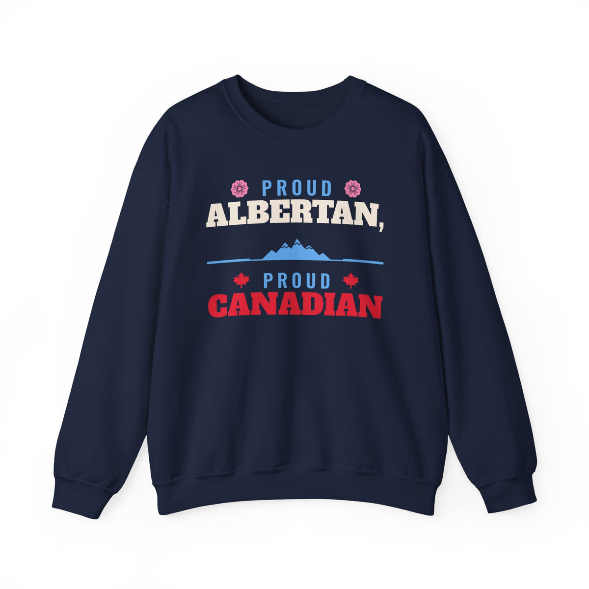 Navy sweatshirt with text "Proud Albertan, Proud Canadian" and mountain graphic.