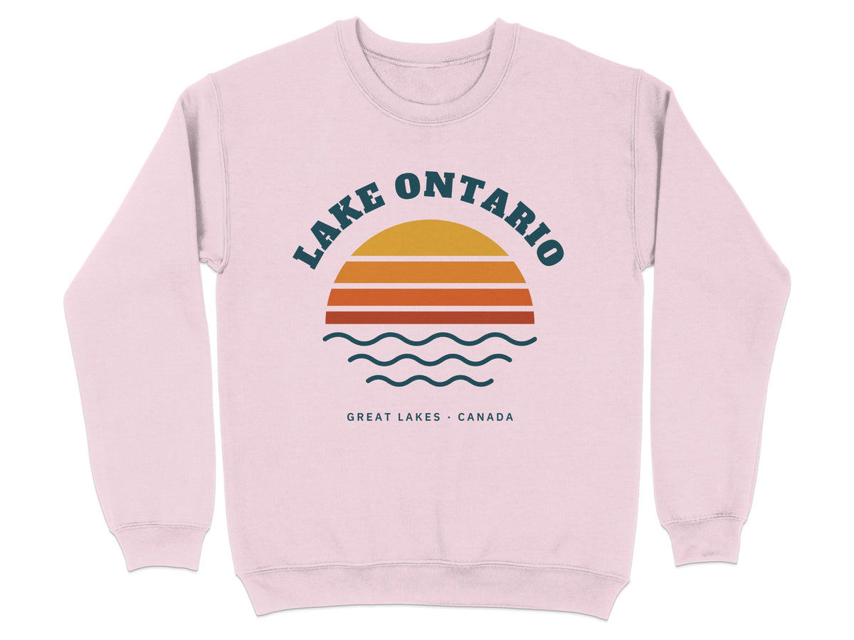 Light pink sweatshirt with "Lake Ontario" text and a sunset graphic.