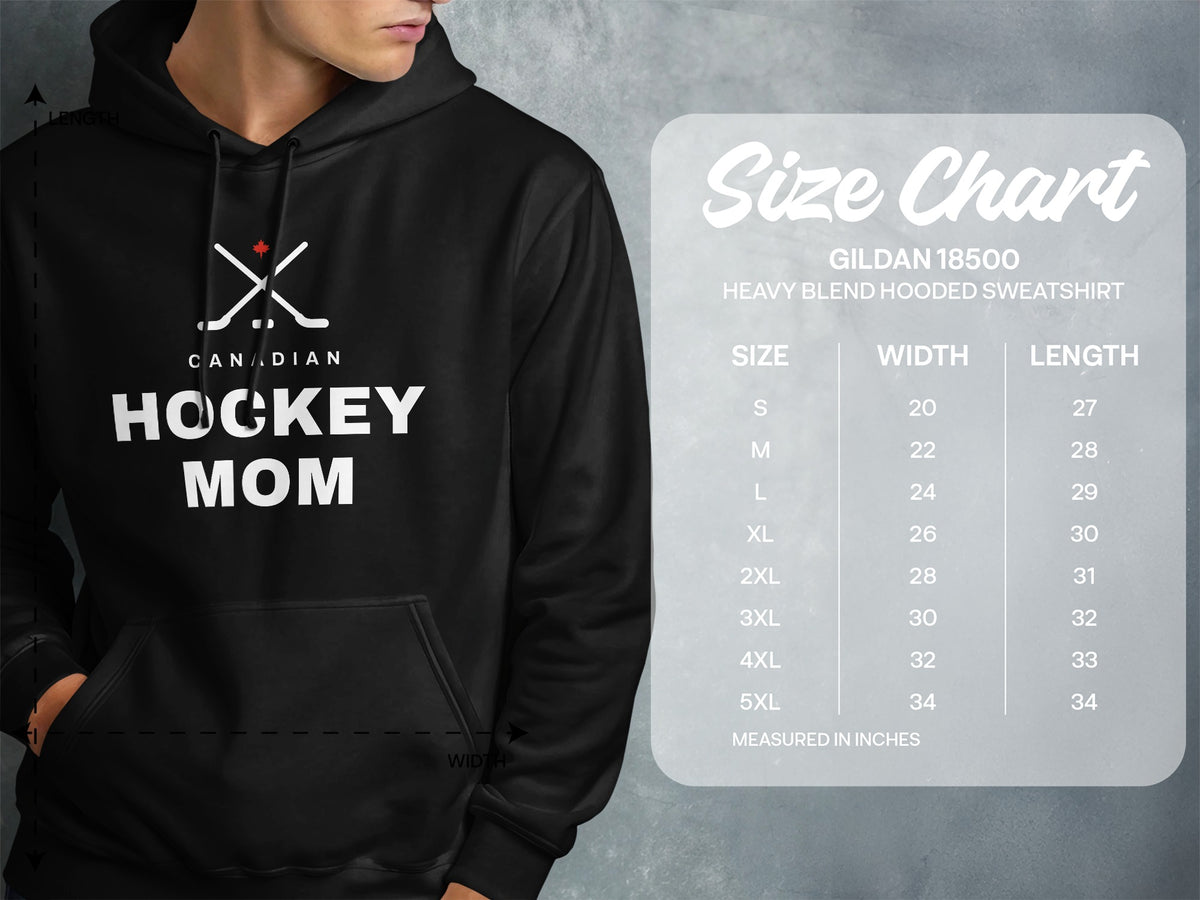 Black hoodie with "Canadian Hockey Mom" text and a size chart.
