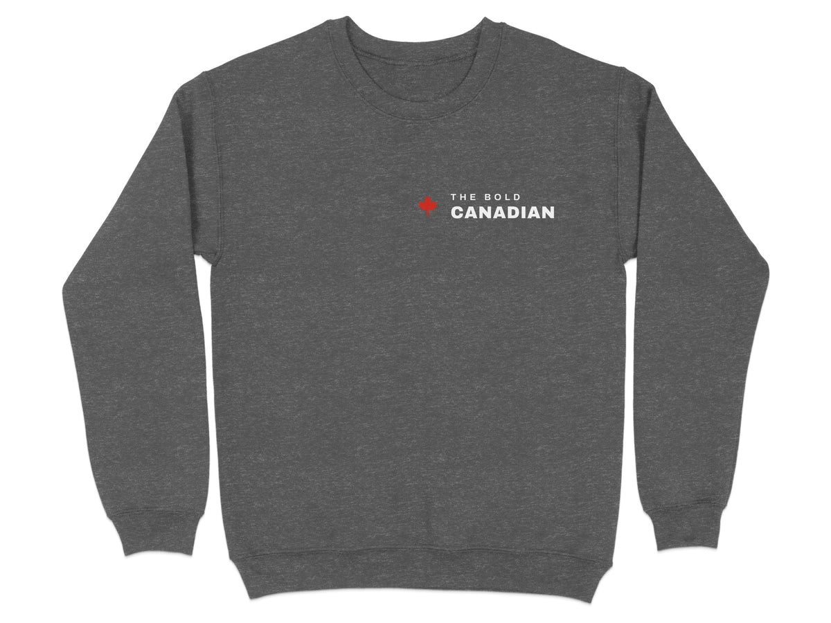 Dark gray crewneck sweatshirt with "THE BOLD CANADIAN" text and a red maple leaf logo.