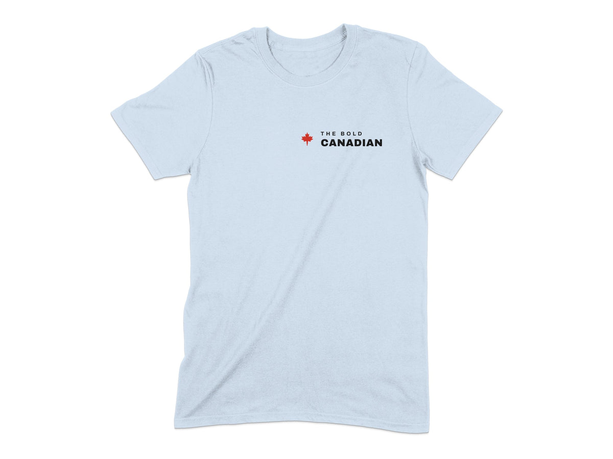 Light blue t-shirt with a red maple leaf and text "THE BOLD CANADIAN".