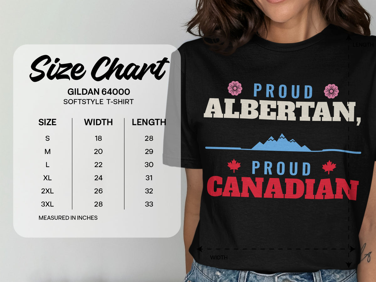 Gildan 64000 softstyle t-shirt size chart with width and length measurements in inches.