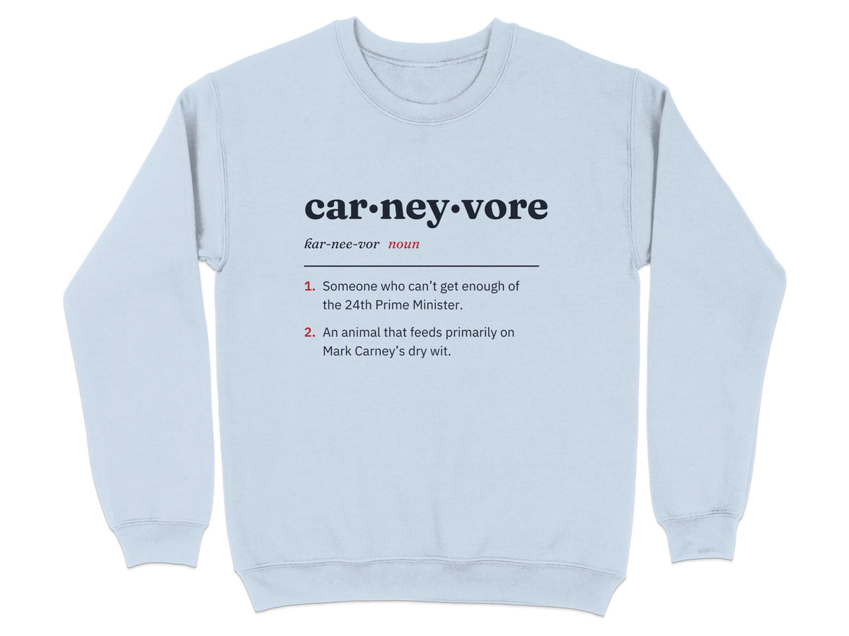 Light blue sweatshirt with "carneyvore" definition.