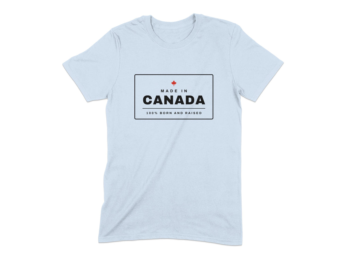 Light blue t-shirt with "Made In Canada 100% Born and Raised" text and maple leaf.