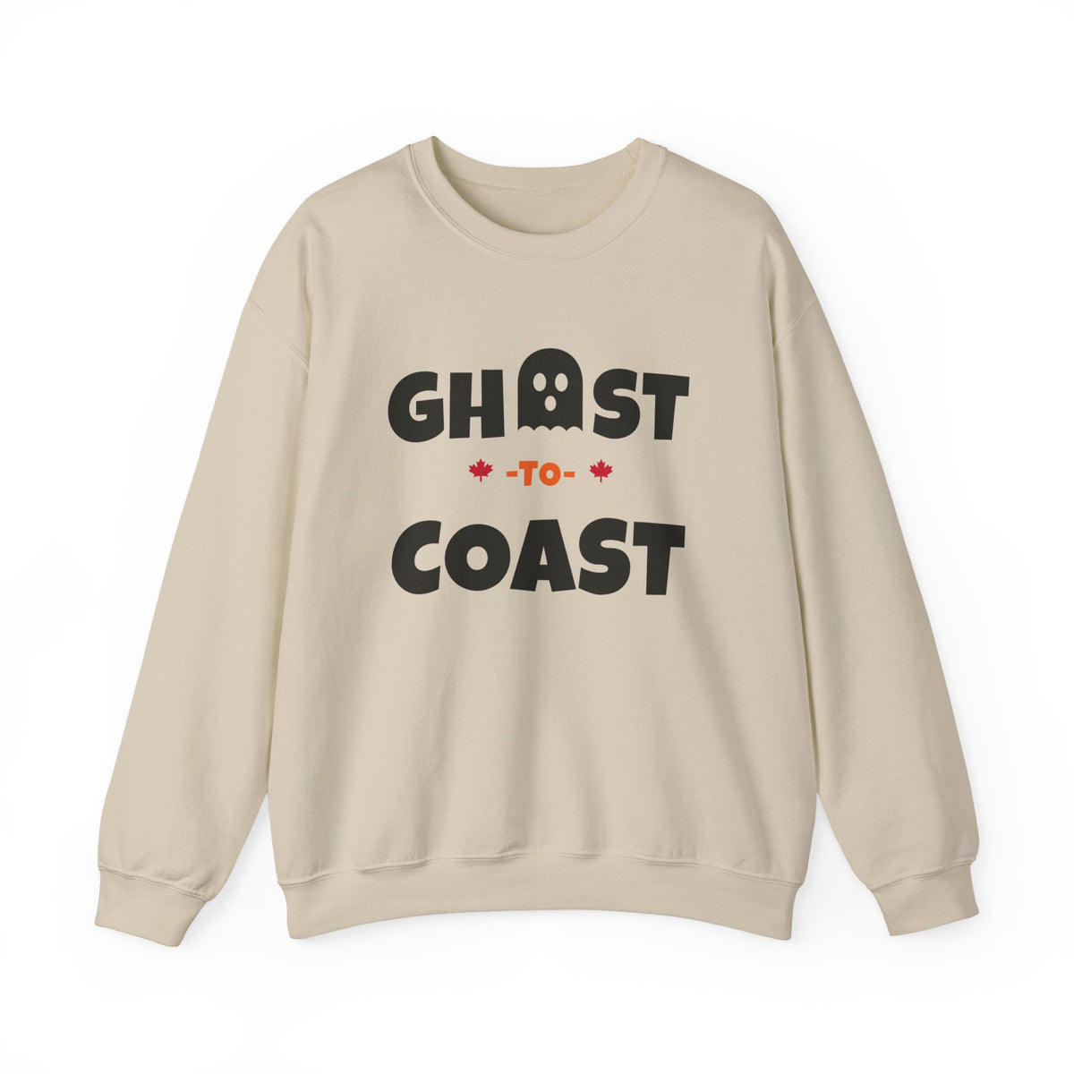 Beige sweatshirt with black "Ghost-To-Coast" text and maple leaf graphics.
