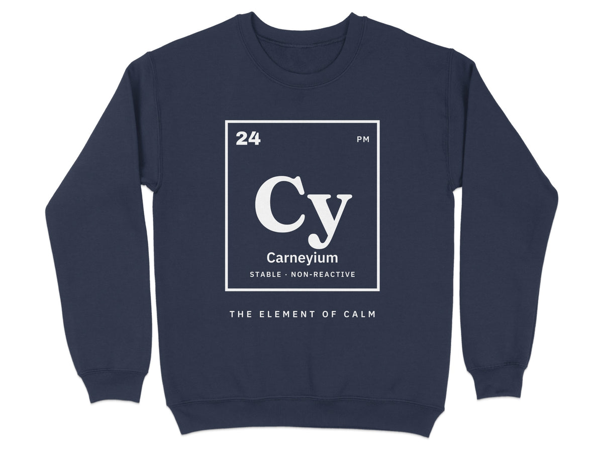 Navy sweatshirt with a white periodic table element design labeled "Carneyium".