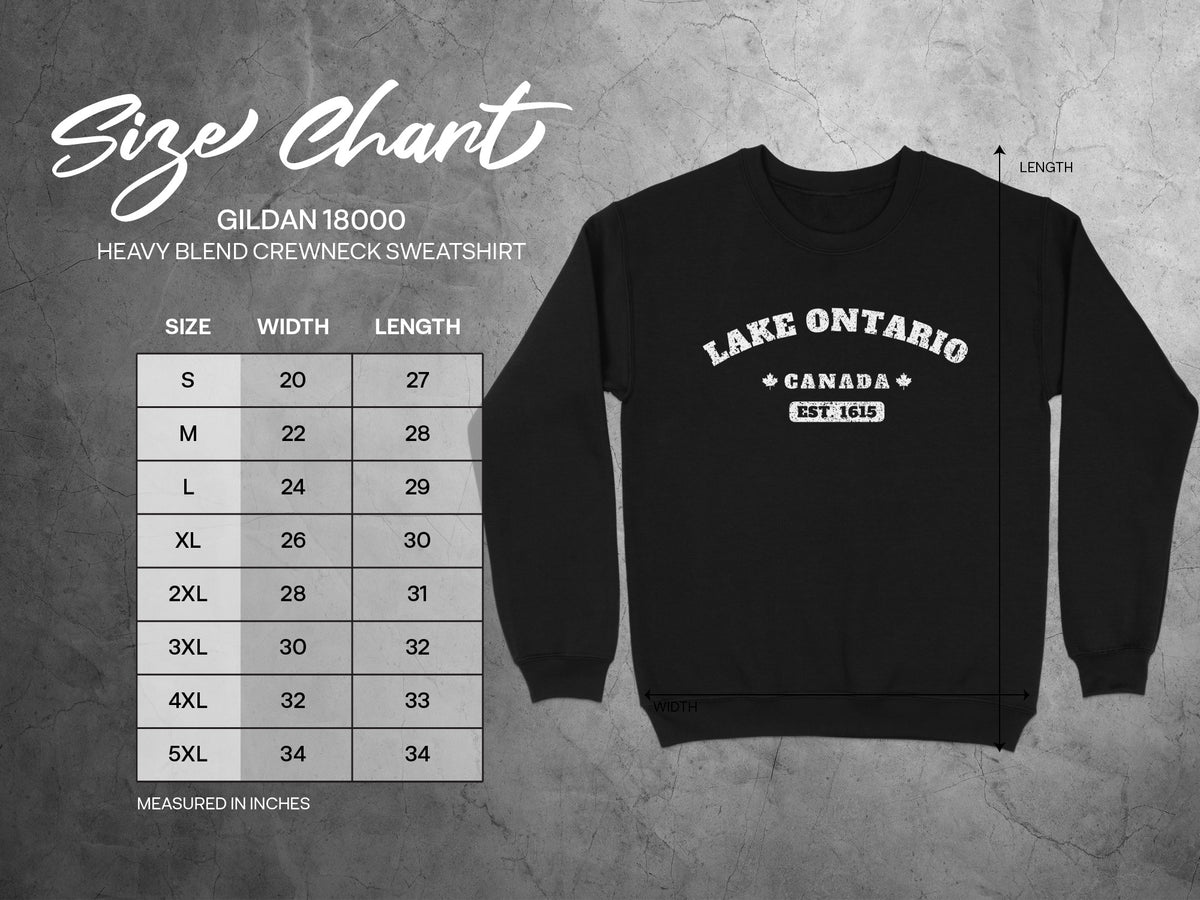 Gildan 18000 size chart for heavy blend crewneck sweatshirts with measurements.